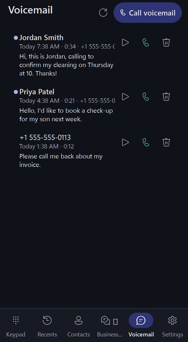 Windows app: voicemail